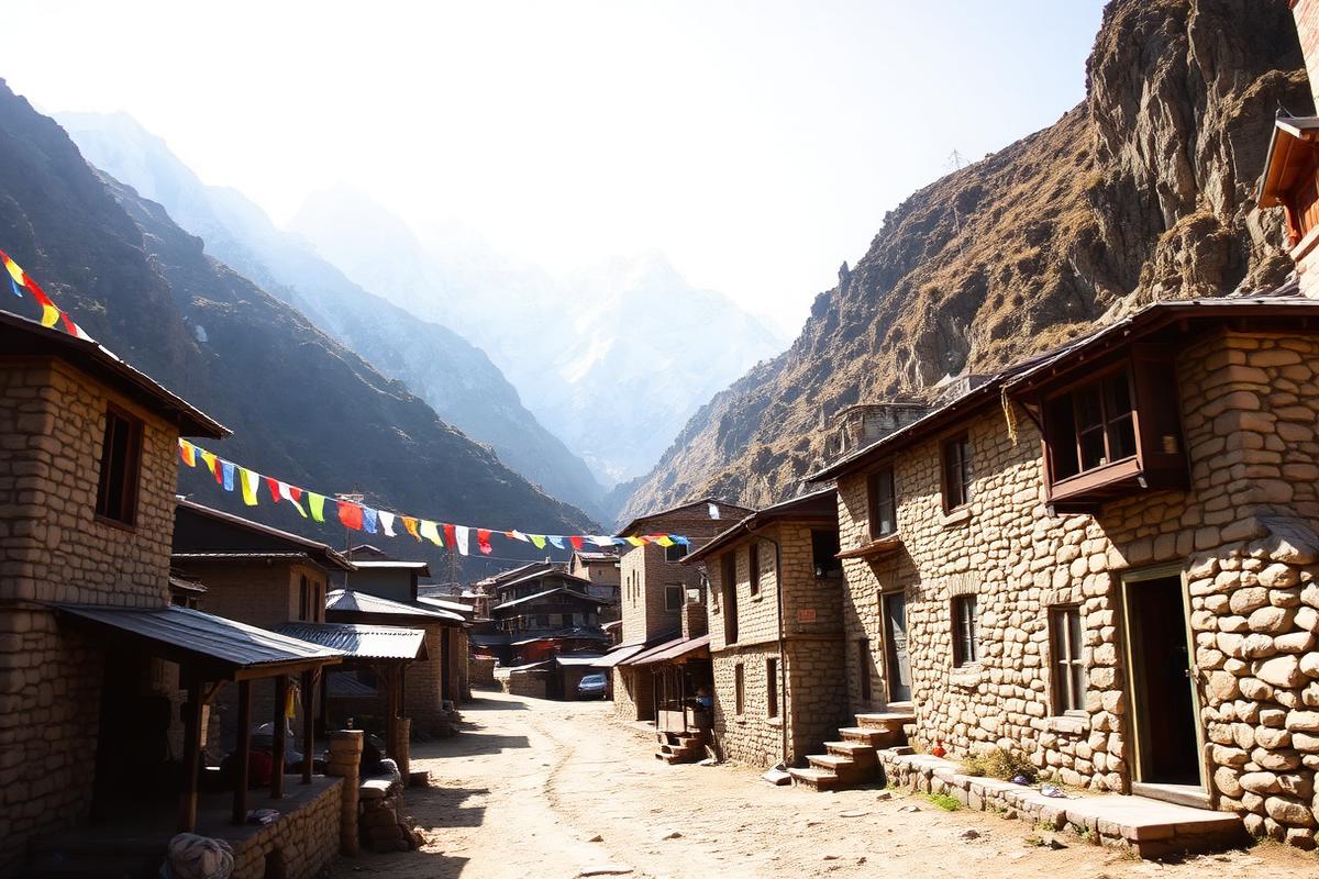 Mountain village road with prayer flags