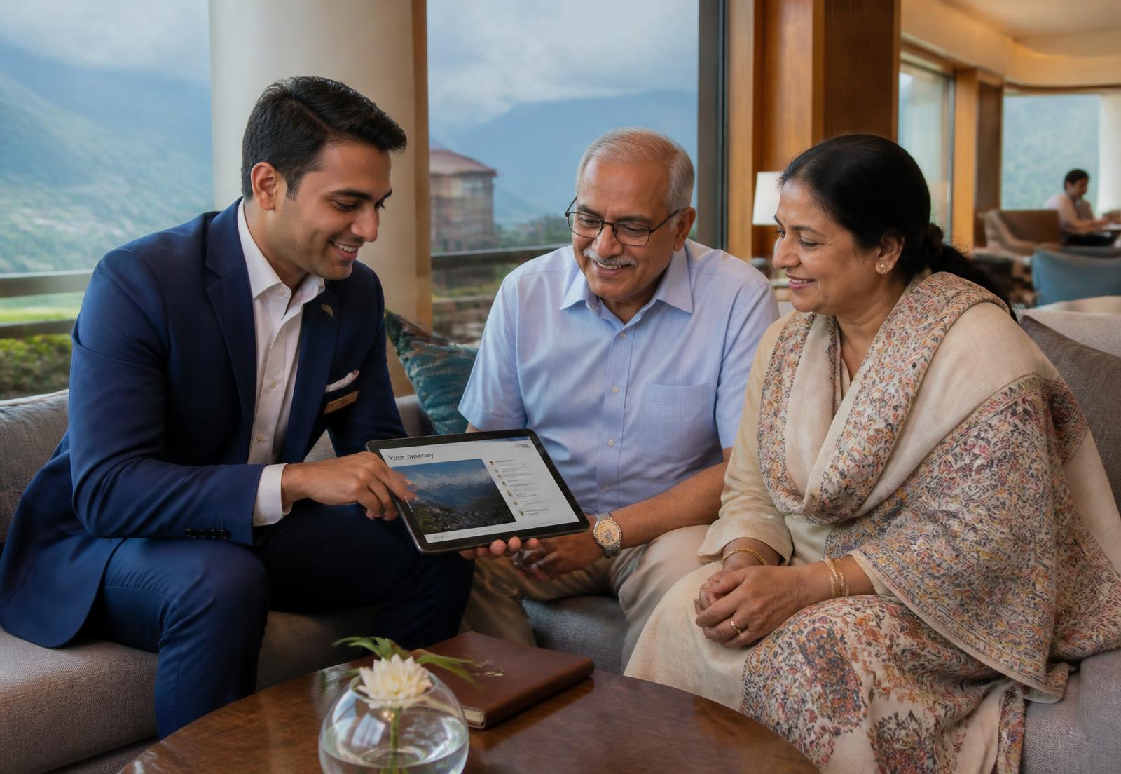 A Primero travel representative explaining the Char Dham itinerary to an elderly couple
